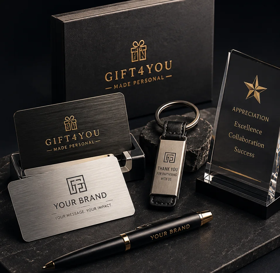 Personalised engraved business gifts including metal cards, keyring, pen and corporate award
