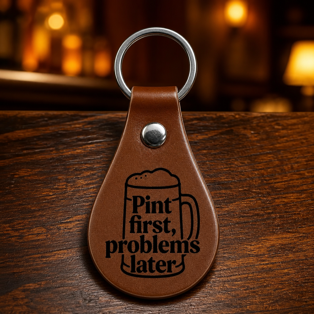Custom Laser Engraved Teardrop Keyring – Brown PU Leather Keychain